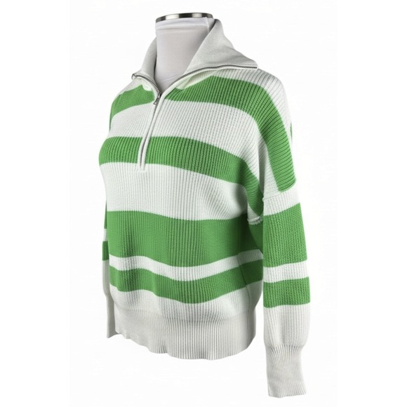 aerie Sweaters - Aerie Green White Striped Beyond Quarter Zip Sweater Preppy Rugby Nautical Large